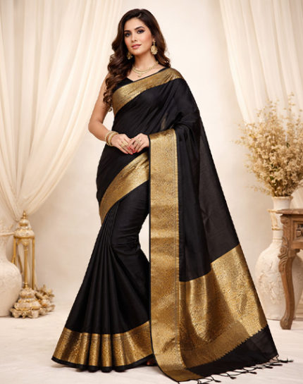 Elegant Golden Border Black Saree for Women