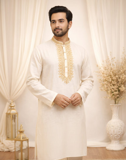 Premium Embroidered Off-White Panjabi for Men